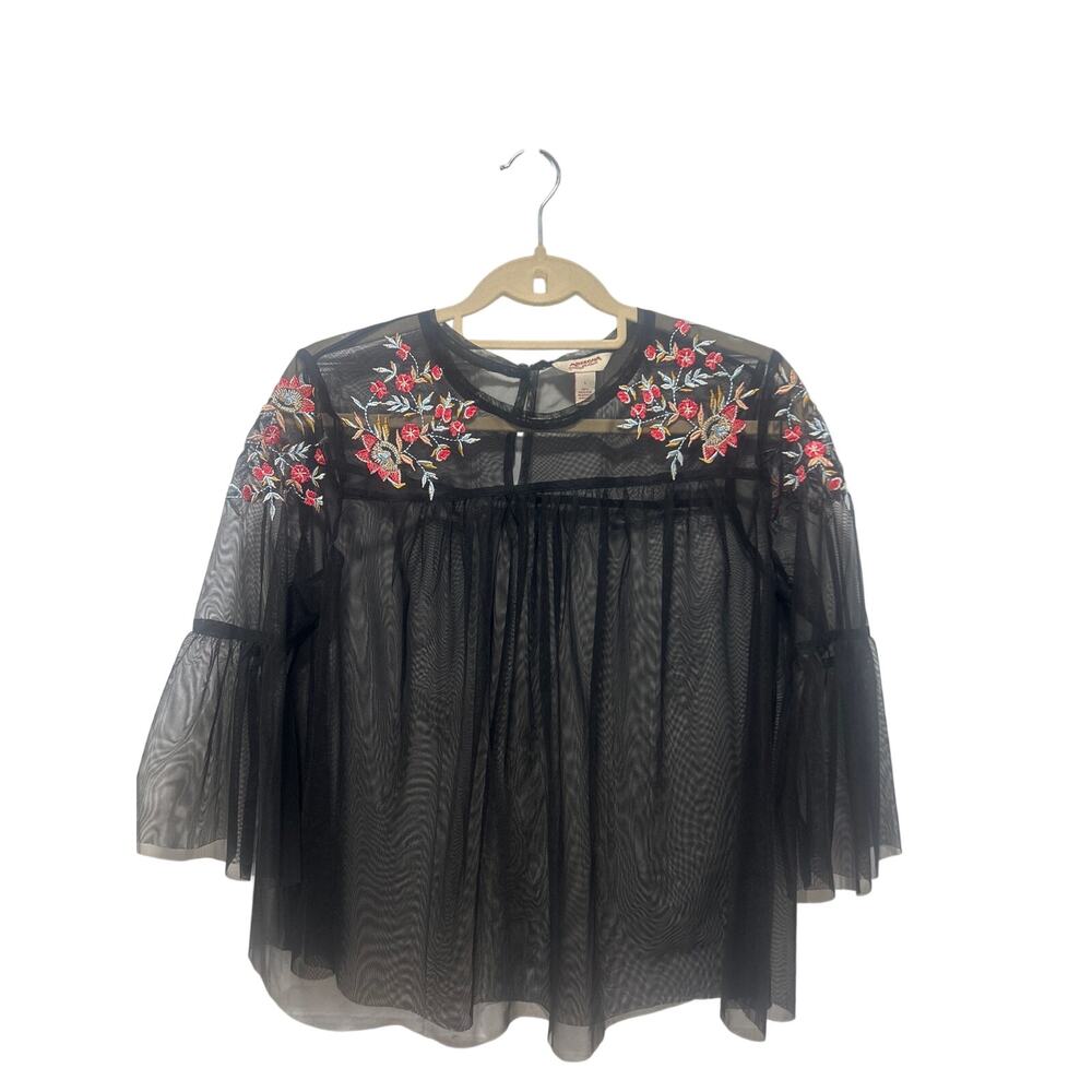 Sheer Mesh Embroided Flowers Whimsygoth Black Romantic Flowy Blouse Top Large